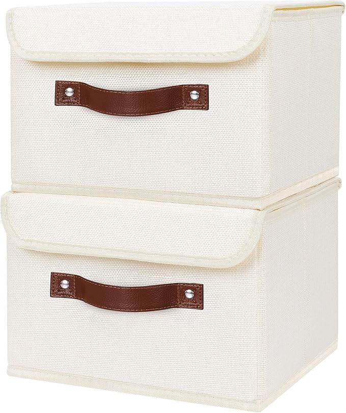 ANMINY 2PCS Storage Bins with Lid PU Leather Handles Storage Boxes PP Plastic Board Decorative Foldable Lidded Cotton Linen Fabric Home Cubes Baskets Closet Organizer Containers - Beige, Small Size-Ruum Studio Home