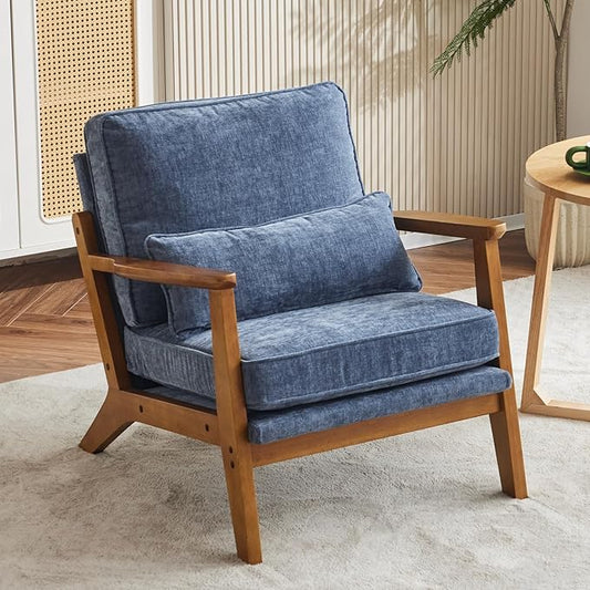 Karl home Accent Chair Wide Armrest Mid-Century Lounge Chair Chenille Armchair with Lumbar Pillow & Solid Wood Frame for Living Room, Bedroom, Balcony, Dusty-Blue-Ruum Studio Home