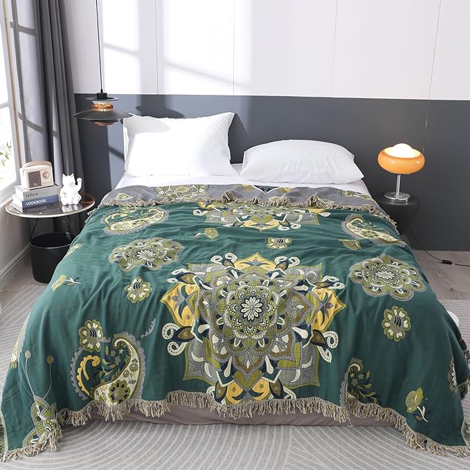Snycler Boho Throw Blanket for Bed - 100% Cotton Ultra Soft Rustic Quilt - Green Boho Floral Printed Farmhouse Decor Bed Blankets, 80"×90" All Season Rustic Throw for Sofa Couch Chair-Ruum Studio Home