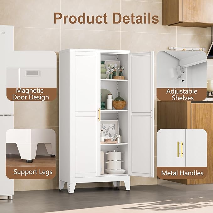 Metal Kitchen Pantry Storage Cabinet with 2 Doors and 3 Adjustable Shelves,Pantry Cabinet with Adjustable Leveling Foot for Kitchen, Living Room, Dining Room（White）-Ruum Studio Home
