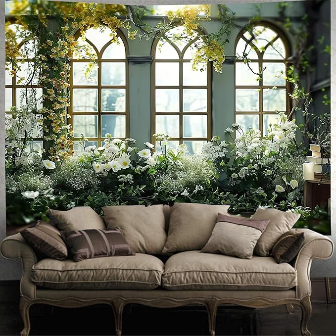 FENDROM Window View White Flower Tapestry Nature Landscape Classic Flower Vine Wall Hanging Party Decorations For Bedroom Living Room Dorm-Ruum Studio Home