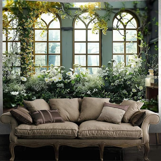 FENDROM Window View White Flower Tapestry Nature Landscape Classic Flower Vine Wall Hanging Party Decorations For Bedroom Living Room Dorm-Ruum Studio Home