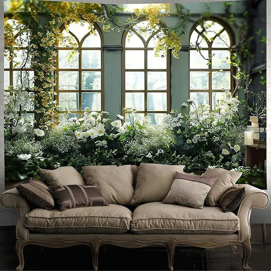 FENDROM Window View White Flower Tapestry Nature Landscape Classic Flower Vine Wall Hanging Party Decorations For Bedroom Living Room Dorm-Ruum Studio Home