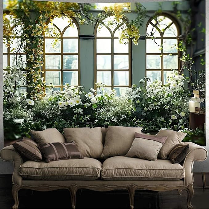 FENDROM Window View White Flower Tapestry Nature Landscape Classic Flower Vine Wall Hanging Party Decorations For Bedroom Living Room Dorm-Ruum Studio Home