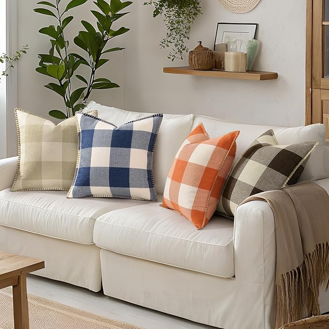 decorUhome Buffalo Plaid Check Fall Throw Pillow Covers 12x20 Set of 2, Outdoor Lumbar Decorative Farmhouse Pillow Covers with Stitched Edge for Bed Couch Sofa, Cream White and Beige-Ruum Studio Home
