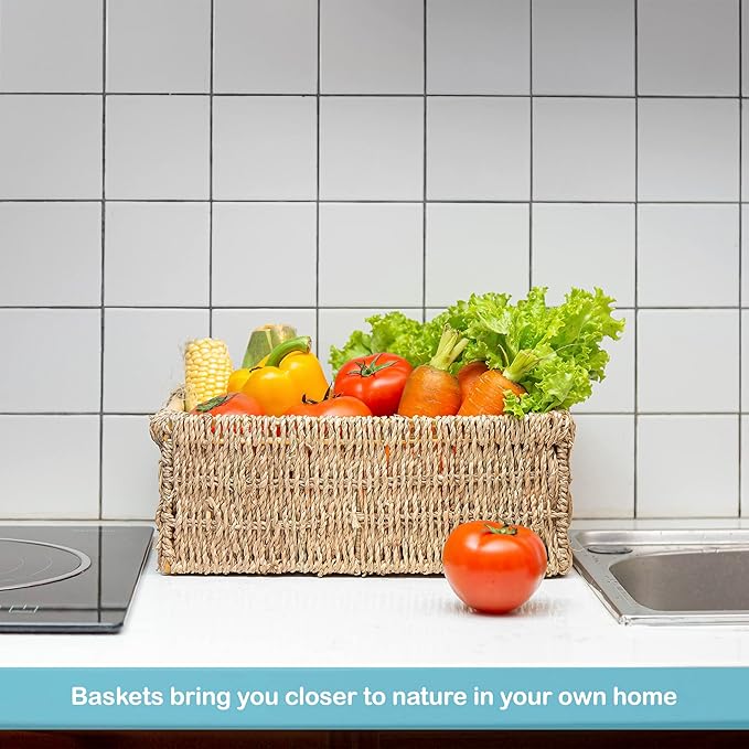 Natural Seagrass Storage Basket with Handle, Rectangular Woven Organizer Bin for Living Room or Shelf, Decorative Storage Basket, Medium Size 13.4 x 9.3 x 4.9 Inches-Ruum Studio Home