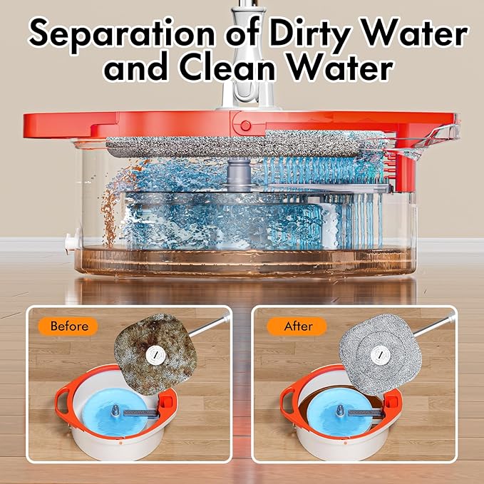 Spin Mop and Bucket with Separate Dirty and Clean Water,360° Spin Mop and Bucket System with Widening Foldable Handle,4 Replaceable Mop Pads,Square Mop for Floor Hardwood Marble Wall Cleaning-Ruum Studio Home