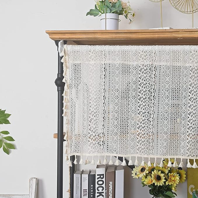 Sutuo Home Boho Sheer Curtain Valance Tier Crochet Lace with Bohemian Hollow Knitted Handmade Tassels, Short Farmhouse Window Treatment for Kitchen Cafe, Rod Pocket, 1 Panel 59" W x 24" L, Beige-Ruum Studio Home