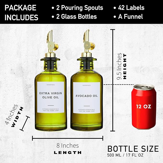 Green Glass Olive Oil Dispenser Bottle For Kitchen By Verpsace,Avocado Oil Dispenser Set, Modern Decor, Gold Kitchen Accessories for Home, Airbnb, Cafe (Gold, Set of 2)-Ruum Studio Home