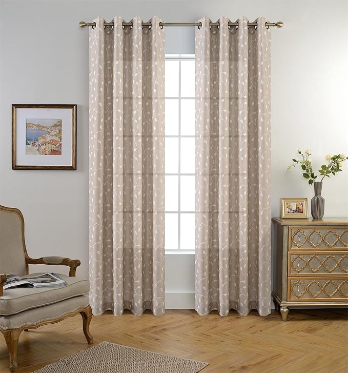 MIUCO Floral Embroidered Semi Sheer Curtains Faux Linen Grommet Window Drapes for Living Room 52 x 95 Inch 1 Pair Set, Linen-Ruum Studio Home