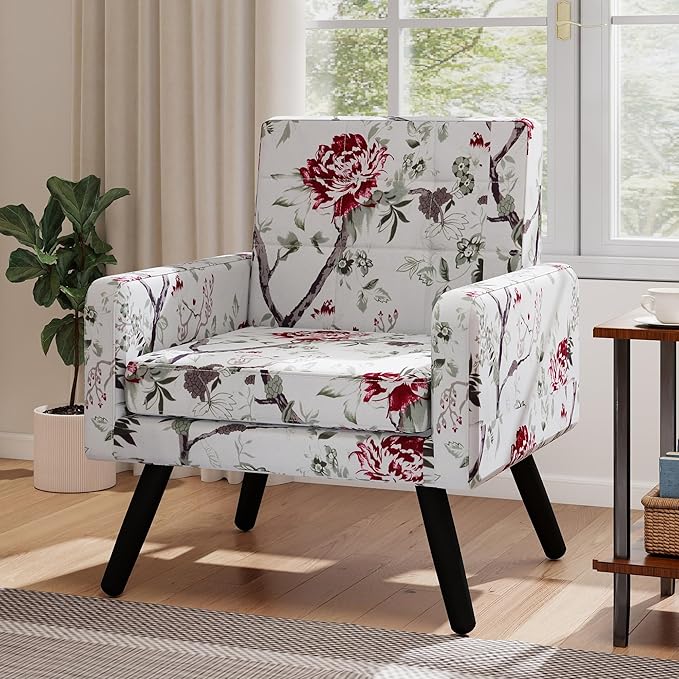 Kromax Mid-Century Modern Accent Chair for Living Room, 496 Lb. Weight Capacity, Dual Armrests, Comfy Extra Large Seat, Timeless Style Perfect for Reading & Relaxing, Red Floral-Ruum Studio Home