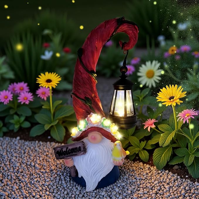 Solar Outdoor Figurine Lights Gnome Garden Decor Statue with LED Flowers & Lantern, Glowing Fairy Yard Decorations for Outside Patio Yard Front Porch, Housewarming Home Decor Gifts Thanksgiving-Ruum Studio Home