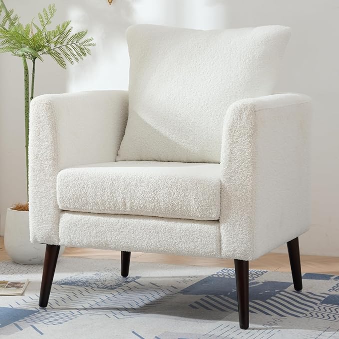 Barrel Accent Chair with Back Pillow, Large Teddy Upholstered Armchair with Solid Wood Legs Modern Reading Chairs for Living Room Bedroom-Ruum Studio Home