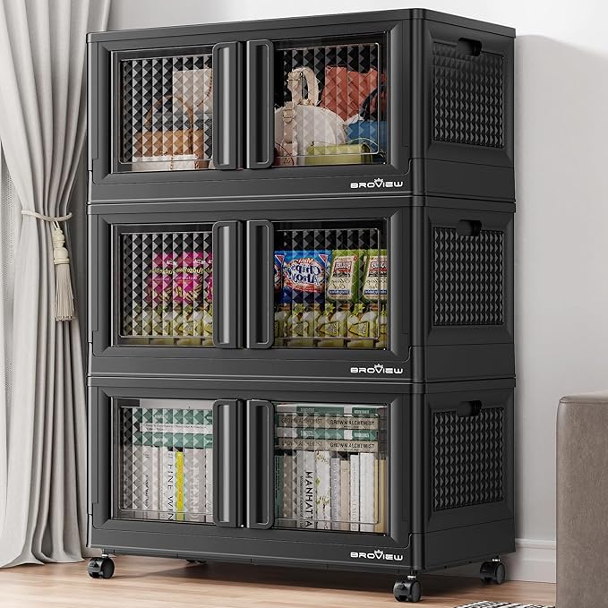 300Qt Stackable Storage Bins with Lids, 75Gal Closet Organizers and Storage Drawer, Plastic Collapsible Storage Bins with Doors, Heavy Duty Store Box Cabinet for Home Kitchen, 3Pack Black-Ruum Studio Home