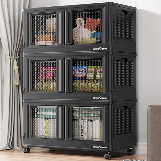 300Qt Stackable Storage Bins with Lids, 75Gal Closet Organizers and Storage Drawer, Plastic Collapsible Storage Bins with Doors, Heavy Duty Store Box Cabinet for Home Kitchen, 3Pack Black-Ruum Studio Home