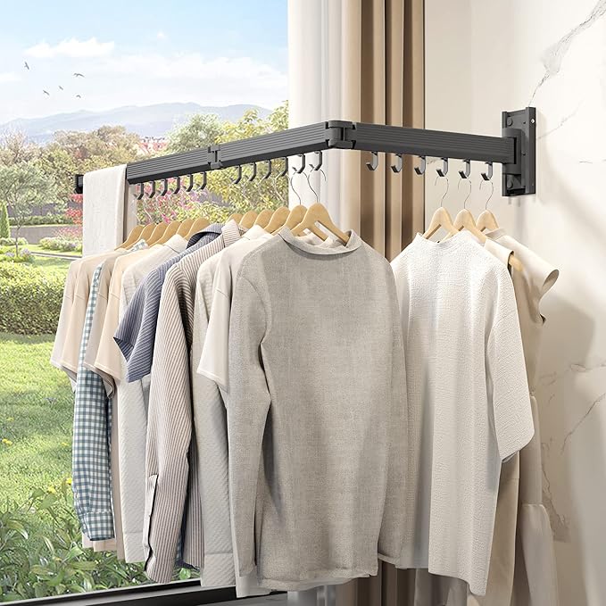 Wall Mounted Clothes Drying Rack,Laundry Drying Rack Wall Mount,Clothes Hanger,Drying Rack Clothing,Retractable Laundry Rack for Hanging Clothes,Collapsible,Foldable,Grey-Hooks-Ruum Studio Home