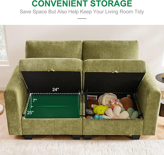 38.5 Oversized Accent Chair with Storage Green Corduroy, Single Modern Accent Sofa Chair with Arms for Apartment Living Room (21" Deep Seat)-Ruum Studio Home