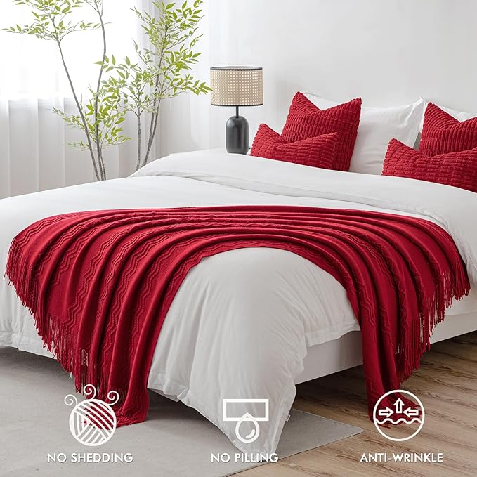 MIULEE Burgundy Red Knitted Throw Blanket for Couch Boho Textured Cozy Woven Blanket with Tassels for Sofa Chair Bed Living Room Acrylic Wave Pattern 60"x80"-Ruum Studio Home