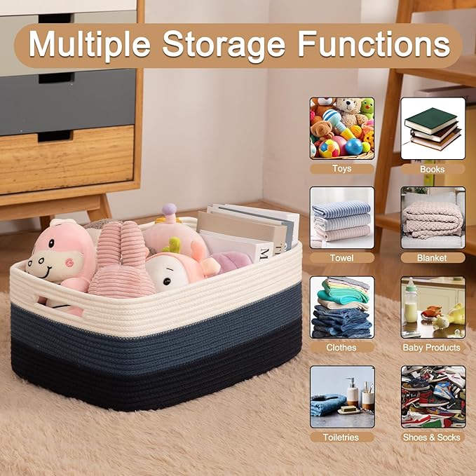 Large Storage Basket for Organizing, Woven Rope Basket for Shelves, Closet Organizer Bins for Clothes, Blanket, Toys, Baby Nursery Storage, 17.7" x 13" x 7.87", 2 Packs Gradient Blue-Ruum Studio Home