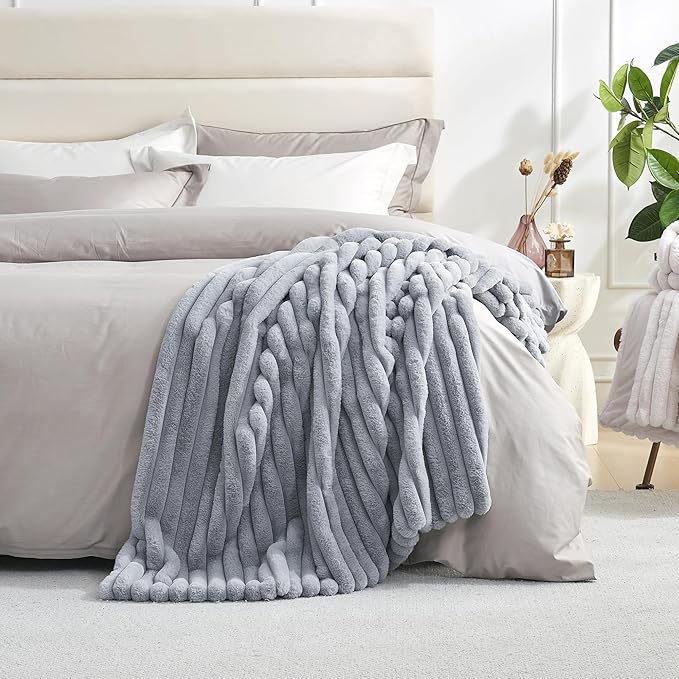 Amélie Home Faux Fur Throw Blanket for Couch, Cozy Fuzzy Fluffy Fur Luxurious Soft Striped Plush Gift Blankets for Family Sofa Chair Bed Living Room Bedroom, 55"x70", Light Grey-Ruum Studio Home