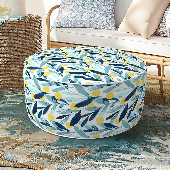 Inflatable Ottoman Stool D21 xH9 for Outdoor/Indoor Use, Water Repellent Patio Foot Rest Stool with Portable Handle,Round Pouf Ottoman Suitable for Garden,Deck and Camping - Leaves Multi-Ruum Studio Home