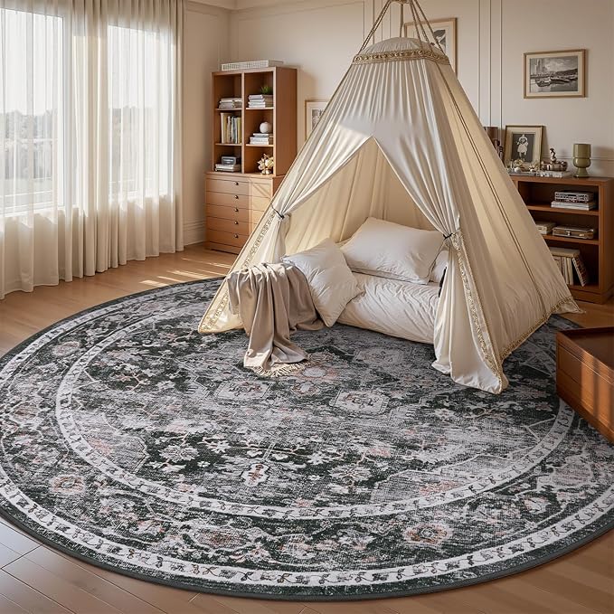 AMOAMI-6FT Round Rug-Rugs for Living Room-Vintage Soft Black Rugs for Bedroom-Non Slip Circle Rug-Machine Washable Rug for Dining Room Living Room Bedroom Office Under Table Dark Grey & Black-Ruum Studio Home