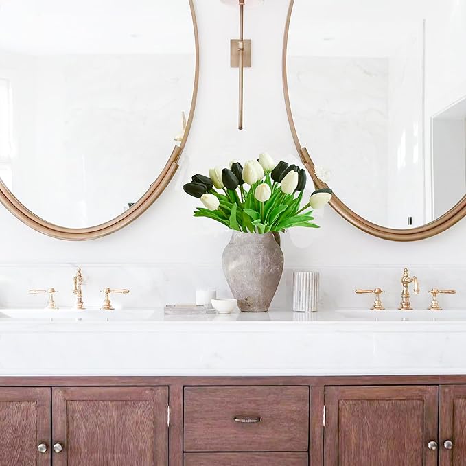 Mandy's Artificial Tulips 20 Stems Black and White PU Faux Flowers for Wedding Home Decor 13.5 Inch-Ruum Studio Home