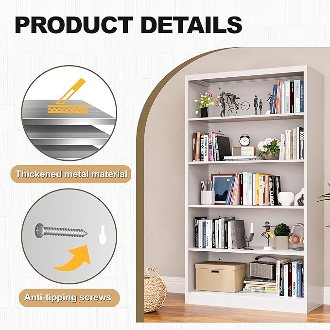 White Bookshelf, 55” Adjustable Tall Metal Bookshelf, 5-Tier Wide Bookshelf with Anti-Tilt Device, Modern Book Cases and Book Shelves for Bedroom, Living Room, Playroom, Study-Ruum Studio Home