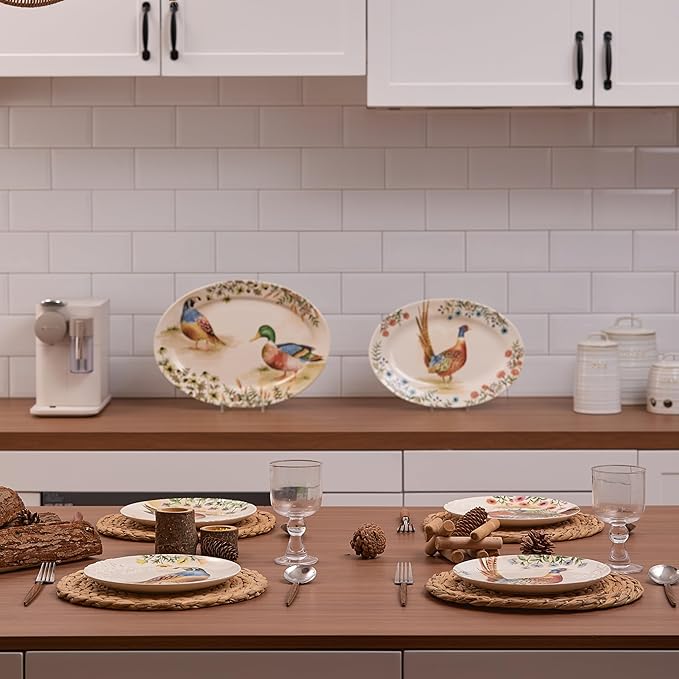 Bico Autumn Birds 16 plus 14 inch Oval Platters Set, Set of 2, Microwave and Dishwasher Safe, for Serving Fish, Chicken, Turkey-Ruum Studio Home