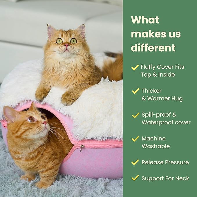 CATTASAURUS Peekaboo Cat Cave for Multiple & Large Cats Up to 30-45 Lbs, Fluffy Cat Beds for Indoor Cats, Scratch Detachable & Washable Tunnel Bed, Comfy Donut Cat Cave (Pink, Large (Calming))-Ruum Studio Home