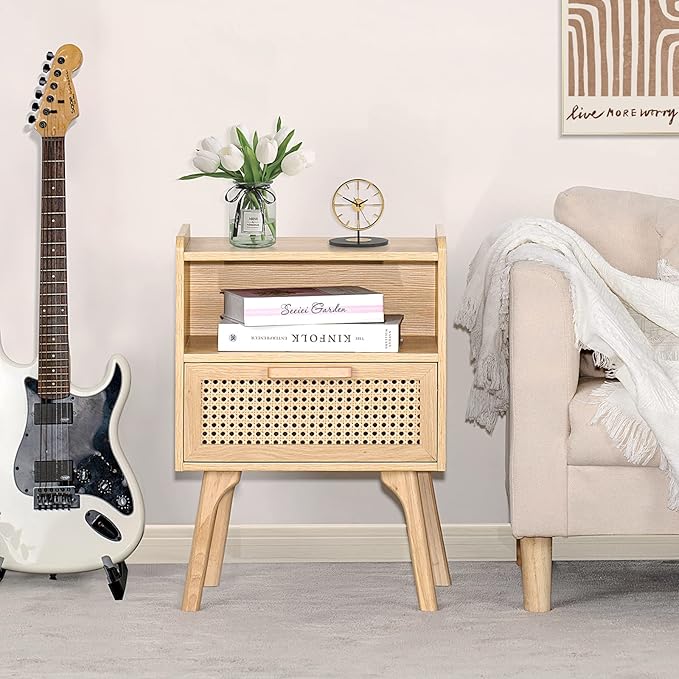 Lerliuo Rattan Nightstand, Boho Side Table with Drawer Open Shelf, Cane Accent Bedside End Table with Solid Wood Legs for Bedroom, Dorm and Small Spaces (Natural)-Ruum Studio Home