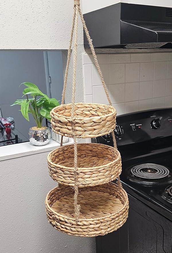 Generic HANFRUBASK - Hanging Fruit Basket Set of 3, Woven Water Hyacinth, Round, Beige, Rustic, Kitchen Storage & Organization-Ruum Studio Home