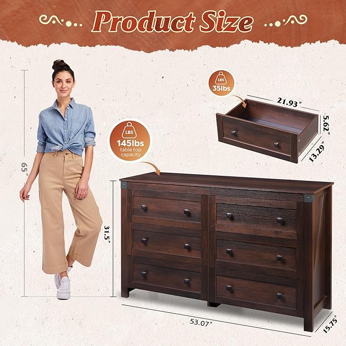WLIVE Farmhouse 6 Drawer Dresser for Bedroom, 53.07'' Wide Wood Dresser, Storage Organizer with Double Rustic Handle, TV Stand for 60 inch TV, Chest of Drawers for Living Room, Hallway, Brown-Ruum Studio Home
