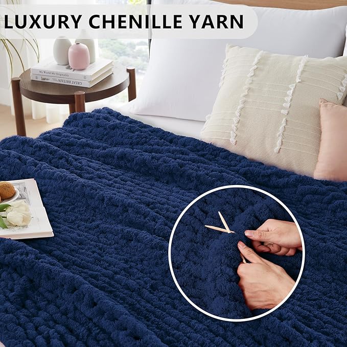 L'AGRATY Chunky Knit Throw: 72''x84'' Chenille Blanket for Bed Couch - Handmade Thick Big Cable Knit - Large Crochet Throw for Home Decor (Navy Blue)-Ruum Studio Home