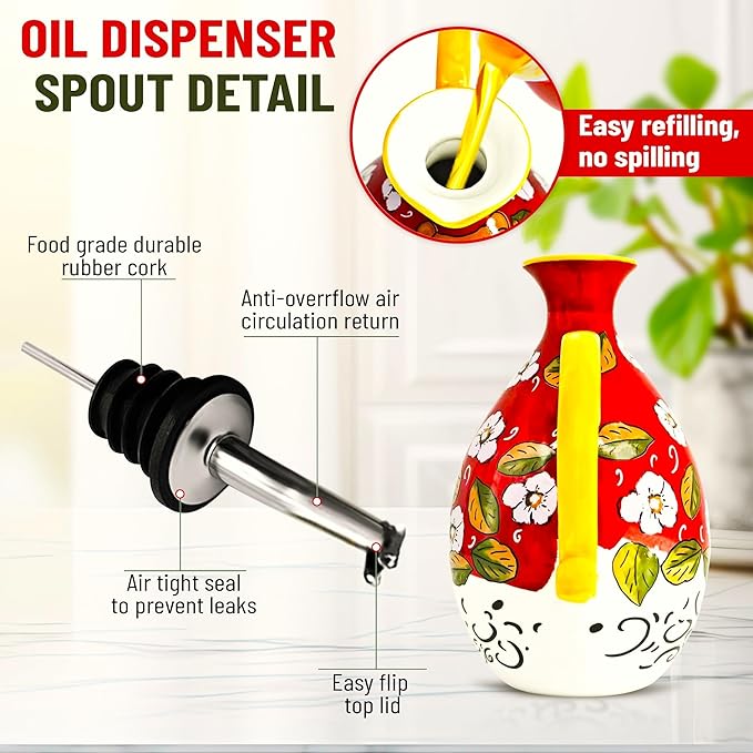 Hand-Painted Ceramic Olive Oil Dispenser Bottle – 40oz Decorative Stoneware Cruet with Stainless Steel Pour Spout – Elegant Kitchen Oil & Vinegar Container, Ideal for Coffee Syrups & More-Ruum Studio Home