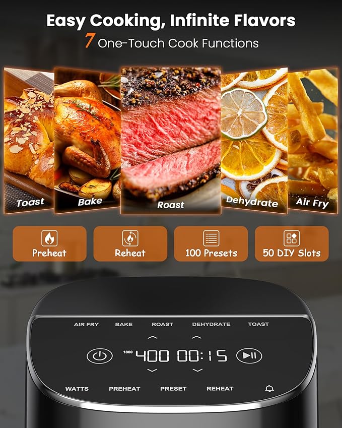 Nuwave Brio Plus Air Fryer 8 Qt, New & Improved, PFAS-FREE, 7 Digital One-Touch Cook Functions that AIR FRY, BAKE, ROAST, DEHYDRATE, TOAST, REHEAT, PREHEAT, 150 Presets, 50°F~400°F, 700/1500/1800W-Ruum Studio Home