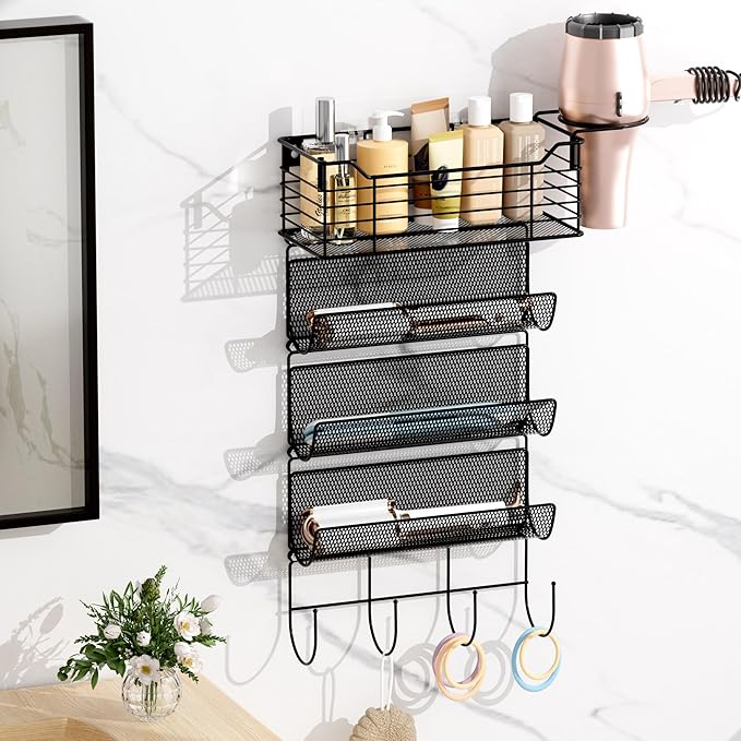 VITVITI Metal Hair Tool Organizer Wall Mount, Hair Dryer Holder with 4 Tier Shelf Basket Hooks, Bathroom Hair Styling Tool Organizer for Curling Iron/Blow Dryer/Straightener, Matte Black-Ruum Studio Home
