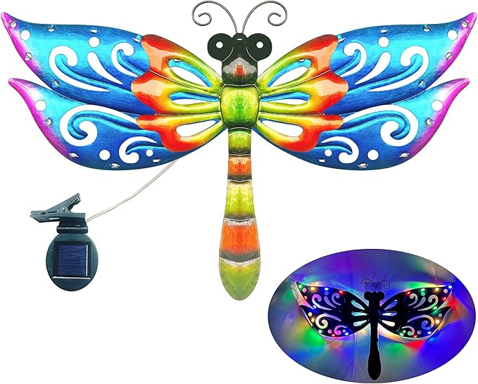 Solar Dragonfly Wall Art, 12-Inch Metal Garden Decor, Color Changing LED Lights, Multicolor-Ruum Studio Home