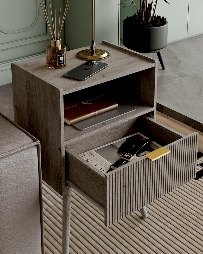 Nightstand,Modern Bedside Table with Storage Drawer and Open Wood Shelf, Accent Night Stand with Solid Wood Legs for Living Room, Bedroom and Small Spaces,Easy Assembly (Grey Oak)-Ruum Studio Home
