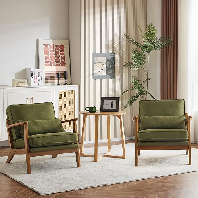 Karl home Accent Chair Wide Armrest Mid-Century Lounge Chair Linen Fabric Armchair with Lumbar Pillow & Solid Wood Frame for Living Room, Bedroom, Balcony, Green-Ruum Studio Home