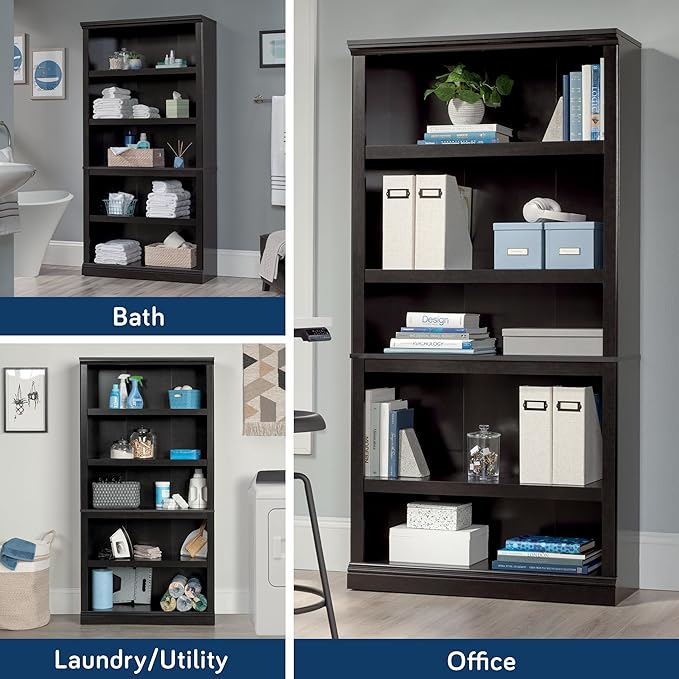 Sauder Miscellaneous Storage 5 Bookcase/Book Shelf, L: 35.28" x W: 13.23" x H: 69.76", Estate Black-Ruum Studio Home