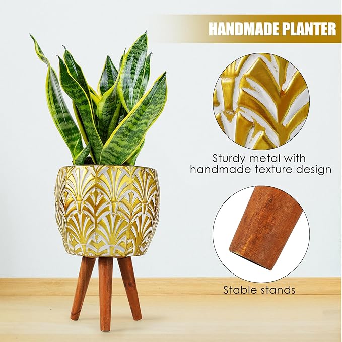 Harvest Land Plant Pots with Stand, Set of 2 Large Modern Planters Metal Tall Handmade Flower Pots with Drainage Holes Indoor Outdoor,Gold-Ruum Studio Home