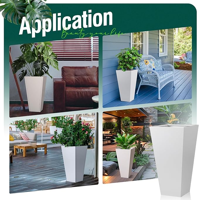 Tall Tapered Planter Taper Metal Modern Flower Plant Pot White Square Galvanized Steel Planter 26 In Indoor Outdoor for Front Porch Garden Patio Grande Plant Tree Commercial Residential Heavy Duty-Ruum Studio Home
