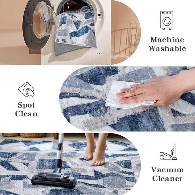 Modern Abstract Blue 8X10 Area Rug for Living Room Bedroom Washable, with Non-Slip Rubber Backing Print Faux Wool Thin, Throw Large Carpet for Kids Playroom Dining Room Pet & Child Friendly-Ruum Studio Home