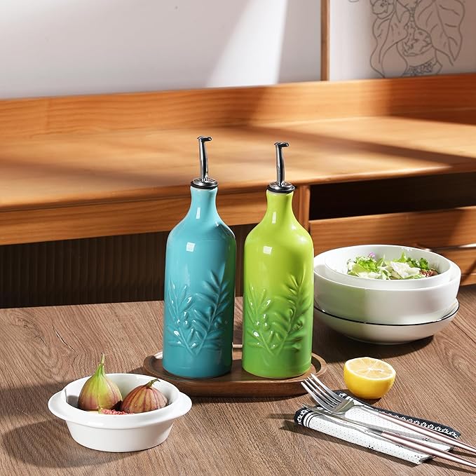 Sweejar Ceramic Olive Oil Dispenser Bottle, 20 Oz Relief Opaque Oil Cruet Protects To Reduce Oxidation, Suitable for Storage, Vinegar, Soy Sauce,Liquids,Set of 2 (Gradient Blue Gradient Green)-Ruum Studio Home