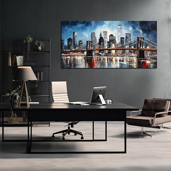 Brooklyn Bridge Wall Art for Bedroom,Modern City Large Canvas Wall Art Living Room,Blue Home Office Decor 29 x 59 Inch-Ruum Studio Home