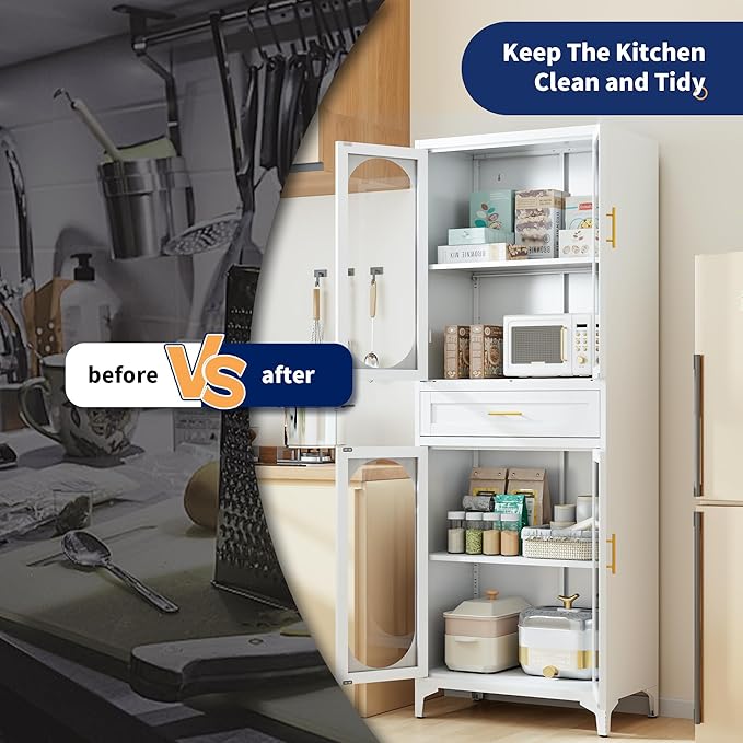 75” Tall Kitchen Pantry Storage Cabinet, Metal Storage Cabinet with 1 Drawer and Adjustable Shelves, Kitchen Pantry Cupboard, Freestanding Cupboard for Bathroom (White-4 Doors and 1 Drawer)-Ruum Studio Home
