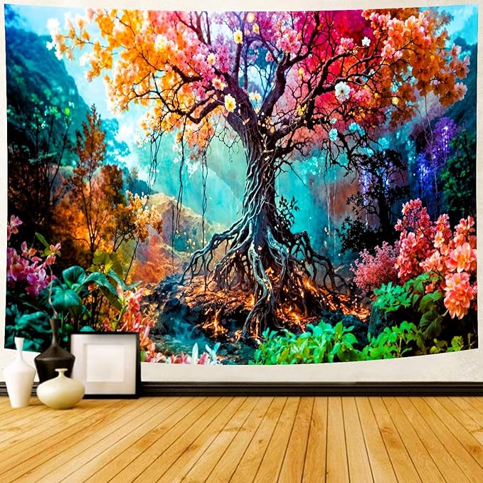 Delur Forest Tapestry Tree of Life Fantasy Tropical Rainforest Tapestry Wall Hanging Colorful Nature Mystical Landscape Psychedelic Spiritual Headboard for Bedroom Living Room Home Decor (70.8" x 92.5")-Ruum Studio Home