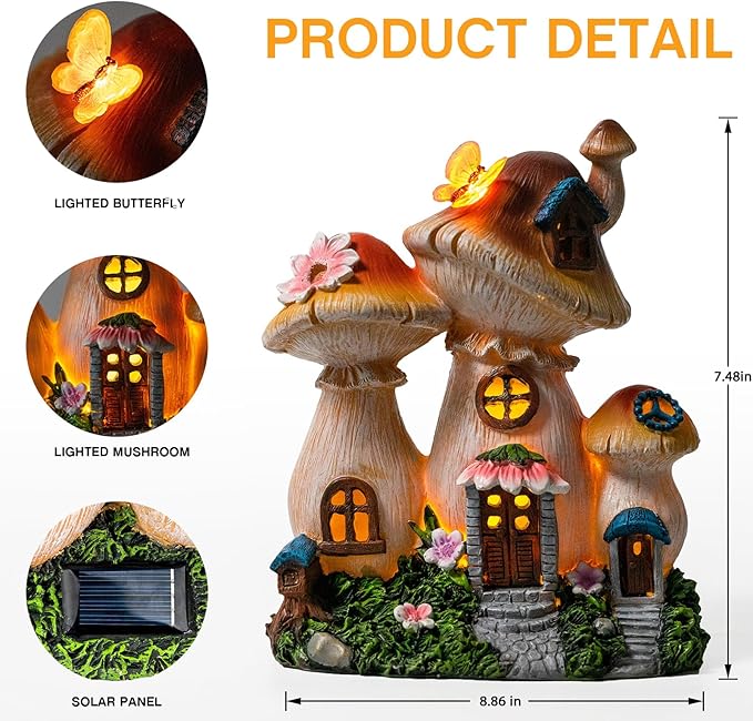 Solar Garden Statue Lights Mushroom Fairy House Figurine, Outdoor Memorial Garden Ornaments Waterproof Decoration for Outside Patio Yard Lawn Decor-Ruum Studio Home