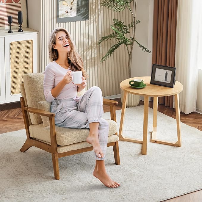 Karl home Accent Chair Wide Armrest Mid-Century Lounge Chair Teddy Fleece Armchair with Lumbar Pillow & Solid Wood Frame for Living Room, Bedroom, Balcony, Khaki-Ruum Studio Home